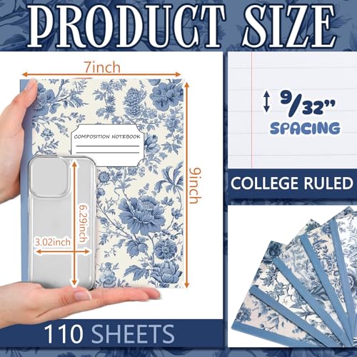 Harloon 6 Pack Composition Notebooks College Ruled Bulk Vintage Blue Flower Composition Notebook 110 Page 7-1/2" x 9-3/4" Journal Back to School Gift for Teacher Student Office First Day of School - style: Blue Flowers
