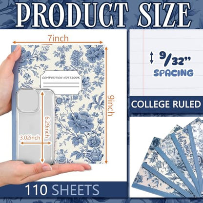 Harloon 6 Pack Composition Notebooks College Ruled Bulk Vintage Blue Flower Composition Notebook 110 Page 7-1/2" x 9-3/4" Journal Back to School Gift for Teacher Student Office First Day of School - style: Blue Flowers