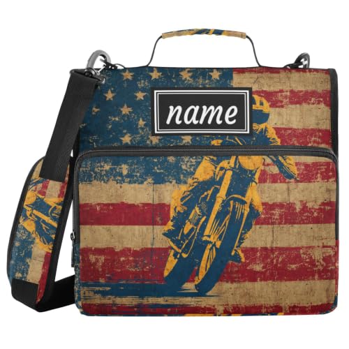 Kcldeci Personalized Binder Bag，American Flag with Motor Custom Zipper Binder Organizer 1.5inch 3 Ring for School and Office Expanding File Folder - color: E11