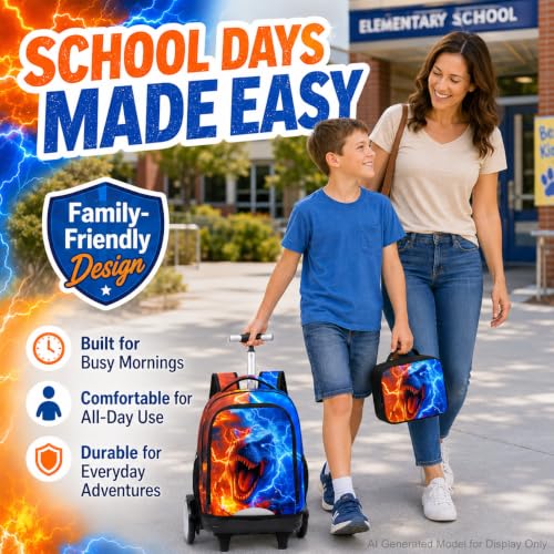 gxtvo Large Wheels & Quiet Glide | Rolling Backpack for Kids - Water-Resistant Wheeled Bag with Lunch Box for School, Travel & Outings - Fire & Lightning Dinosaur - color: Rolling Backpack Fire Lightning Dinosaur
