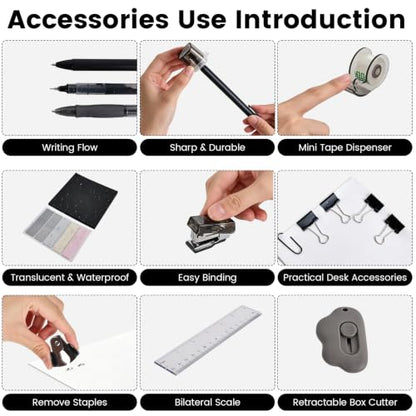 Mini Office Supply Kit, Mini Stapler with Staples and Tape Dispenser Set, Mini School Supplies Kit Includes Sticky Notes Index Tabs Gel Pens for Office & School (Black) - color: Black