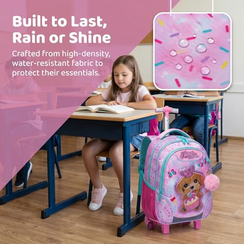 Kids Rolling Backpack for Girls Plush Material Dog Trolley Suitcases Luggage with Wheels Bookbag Wheeled 3pcs on Lunch Box Pencil Case Elementary Teenagers Pink for Girls Age 5-12 - color: Pink-0130-maoronggou