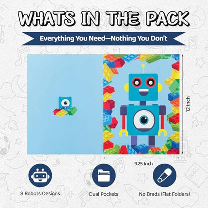 8 Kids Pocket Folders - Homework Folders in Futuristic Robots, Spaceships and Blocks Themes - Kids Folders with Pockets -8 Unique Designs in Front and Back Cover- 2 x 9.25 inch (8 Pack) - style: Futuristic Robots