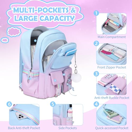 ACESAK Kids School Backpack for Girls, 4-In-1 Bookbag Backpack Set with 14OZ Insulated Kids Water Bottle(Blue Purple) - color: Blue-to-pink/Purple Gradient