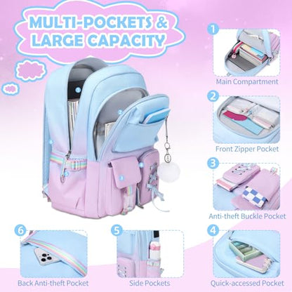 ACESAK Kids School Backpack for Girls, 4-In-1 Bookbag Backpack Set with 14OZ Insulated Kids Water Bottle(Blue Purple) - color: Blue-to-pink/Purple Gradient