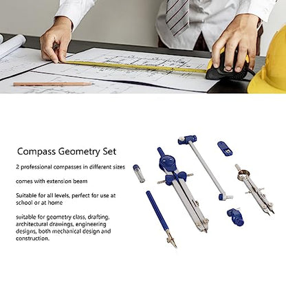 7-Piece Geometry Set with Metal Compass - Math Tools Kit for Students, Engineers, Architects with Shatterproof Case