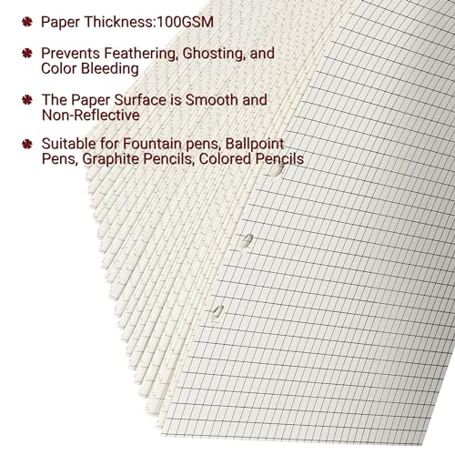 Beige A5 6-Hole Grid-Ruled Loose Leaf Refill Paper(Pre-Punched)-Fits A5 6-Ring Binder, 100GSM Thick No Bleed-through Sheets, Double Sided Writing for Fountain Pen & Gel Pen(2 Pack) - size: Grid-A5-2