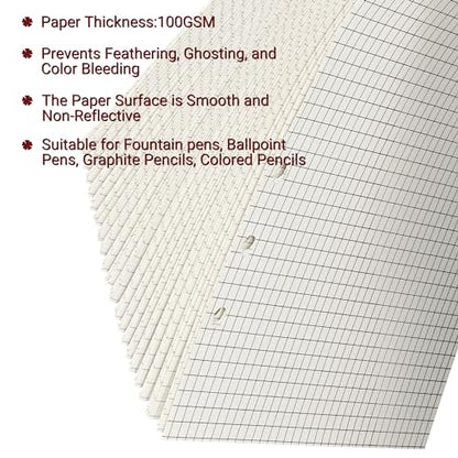 Beige A5 6-Hole Grid-Ruled Loose Leaf Refill Paper(Pre-Punched) Fits A5 6-Ring Binder, 100GSM Thick No Bleed-through Sheets, Double Sided Writing for Fountain Pen & Gel Pen - size: Grid-A5