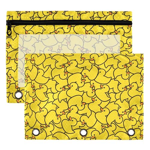 Wamika Yellow Duck Binder Pouches 3 Ring for Boys Girls School Office College Supplies Cute Ducks Animals Pencil Pouches Case Bag with Clear Window and Zipper 2 pack - color: Frog