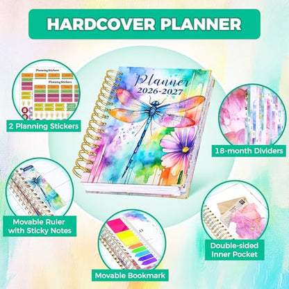 Academic Planner 2026-2027, 18 Months Weekly & Monthly Calendar Planner | July 2026 - Dec 2027, 6.6" x 8.3 A5 Size, Hardcover Daily Agenda with Tabs, Inner Pocket, Bookmark, Stickers, Sticky Note Set - color: Colorful Dragonfly, size: A5