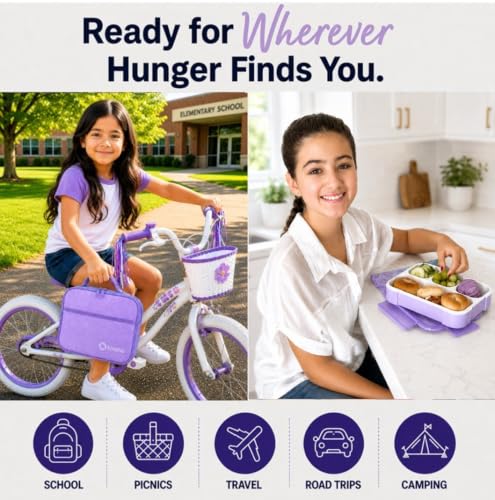kinsho Lunch Boxes for Girls Teens Adults - Bento Box Set with Insulated Bag and Ice Pack, 4 Compartment Leak Proof Food Container, BPA-Free, Microwave Safe, Ideal for School & Work, Purple - color: Purple (4 Compartments)