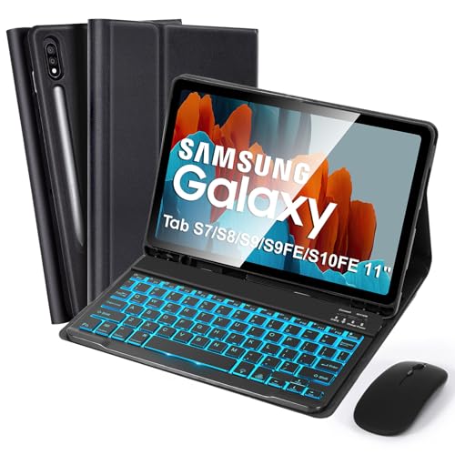 SOPPY Backlit Keyboard Case with Mouse for Samsung Galaxy Tab S10FE/S10 Lite 10.9 inch, S9FE/S9/S8/S7 11 inch, 7-Colors Backlight, Slim Cover with Detachable Keyboard, Built-in S Pen Holder, Black - color: Black, size: Tab S10FE/S10 Lite/S9FE/S9/S8/S7 10.