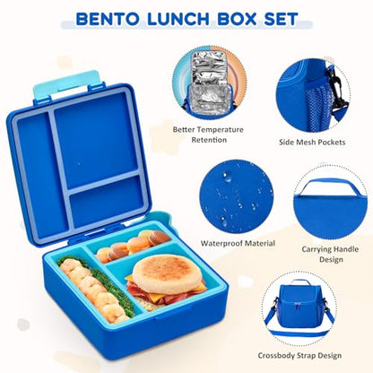 Lunch Box Set with Bento Box Container, 17OZ Stainless Steel Food Soup Thermo, Kids Water Bottle & Portable Insulated Lunch Bag – Leakproof, Hot/Cold Retention for School, Travel(Blue) - color: Blue