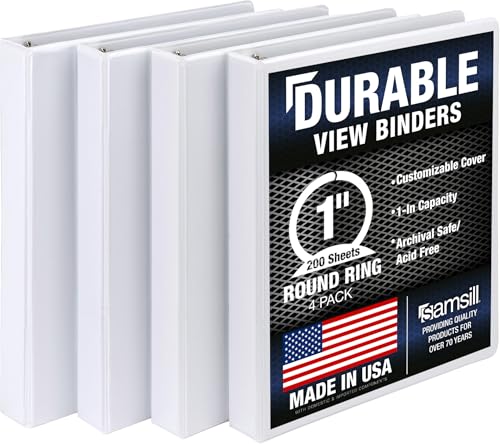 Samsill Durable 1 Inch Binder, Round Ring Customizable Clear View Binder, White, 4 Pack (MP48437) - color: White, size: 1-Inch
