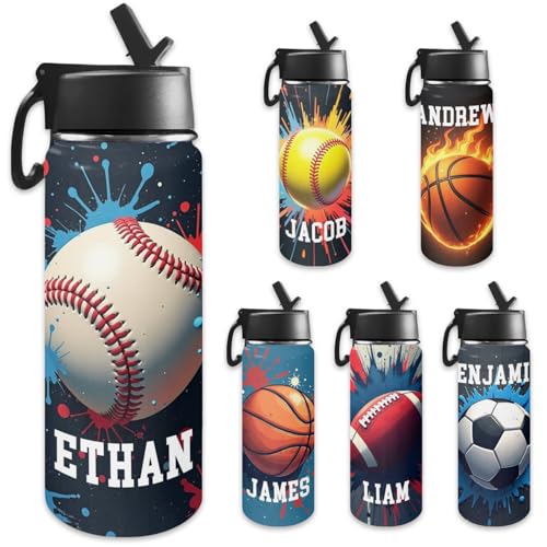Personalized Water Bottles for Kids for School, Customized Stainless Steel Sports Water Bottle for Boys Students Teens, Back to School Birthday Gifts, Basketball Soccer Baseball 18 oz - color: # design 05-sport 1