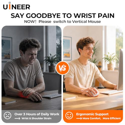 Uineer Vertical Ergonomic Mouse, Wireless Bluetooth Mouse, 3-Device | Switch among 3 devices via dual Bluetooth and 2.4G; rechargeable with 7-color ambient lighting. - color: Orange