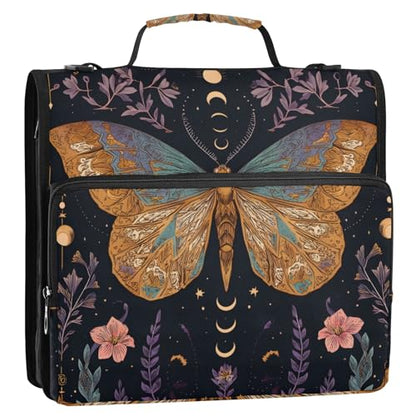3 Ring Zipper Binder with Shoulder Strap Handle Moths Moon Phases Portfolio File Organizer Bag School Office 500 Sheets Capacity 1.5 inch Ring