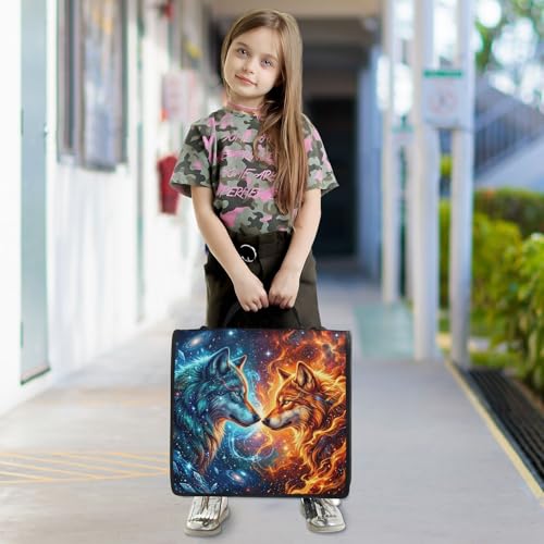 Blue Orange Flame Space Wolf 3 D-Ring 2 inch Zipper Binder Bag with Shoulder Strap, Multi-Pocket Portfolio Organizer Case for 13 Inch Laptop Middle School