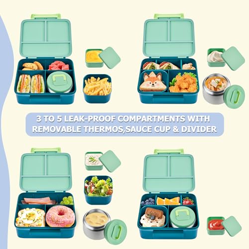 Bento Lunch Box for Kids with Thermos, Leakproof Bento Box with 8oz Insulated Food Jar, Insulated Bottle, Lunch Bag, BPA Free Dishwasher Safe 4 Compartment Container for School Girls Boys (Green)