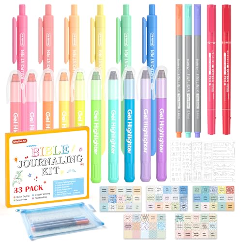 Shuttle Art Bible Highlighters and Pens No Bleed, 33 Pack Bible Journaling Kit, Bible Pens Gel Highlighters and Bible Tabs with a storage bag, Bible Markers No Bleed Through - size: 1 Count (Pack of 34)