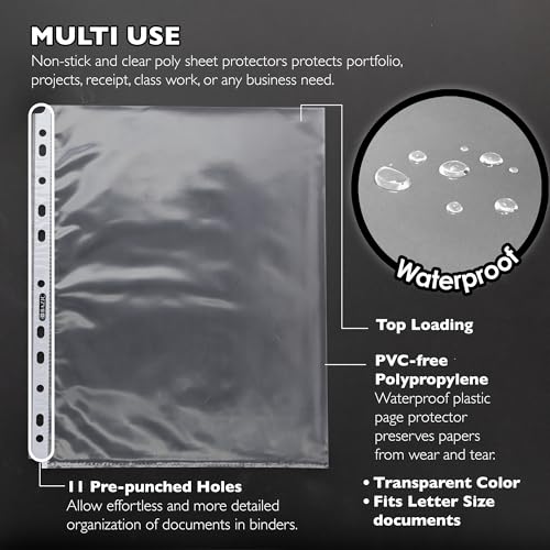 BAZIC Sheet Protectors Economy, Fit 8.5x11 Inch Paper, 11 Hole Clear Plastic Sleeves Ring Binder Sheets, Archival Safe (10/Pack), 1-Pack | letter size, economy weight top-loading sheet protectors, acid-free poly, Fit 3-ring binders, Clear front and back,