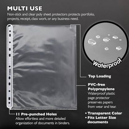 BAZIC Sheet Protectors Economy, Fit 8.5x11 Inch Paper, 11 Hole Clear Plastic Sleeves Ring Binder Sheets, Archival Safe (10/Pack), 1-Pack | letter size, economy weight top-loading sheet protectors, acid-free poly, Fit 3-ring binders, Clear front and back,