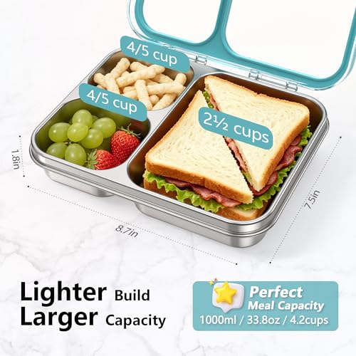 HOMEKOL Stainless Steel Bento Lunch Box 3-Compartment, 4.2Cups, Blue | Leak-Proof Metal Lunch Container for Kids & Adults, BPA-Free, Dishwasher Safe, Clear Tritan Lid, 1000ml (Not Insulated) - color: Blue, size: 34oz (1000ml)