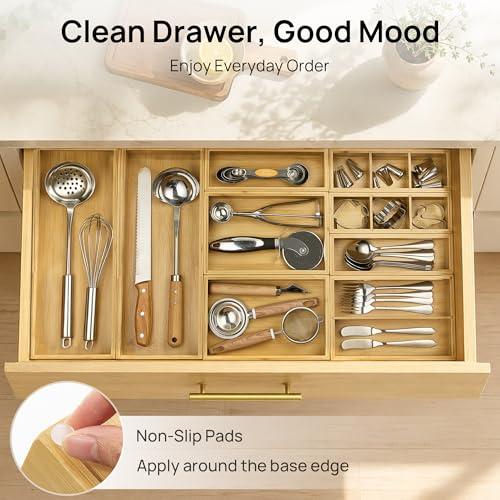 Vtopmart Bamboo Drawer Organizer Boxes - Set of 2 Multi-purpose Wooden Storage Dividers for Kitchen, Bathroom, Office, Desk, Makeup, Jewelry & More, Non-Slip Junk Drawer Organizer Trays for Storage - style: 2 Boxes