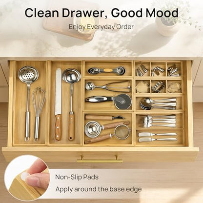 Vtopmart Bamboo Drawer Organizer Boxes - Set of 2 Multi-purpose Wooden Storage Dividers for Kitchen, Bathroom, Office, Desk, Makeup, Jewelry & More, Non-Slip Junk Drawer Organizer Trays for Storage - style: 2 Boxes