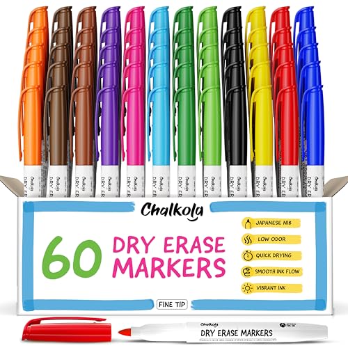 Chalkola 60 Fine Tip Dry Erase Markers Bulk Whiteboard Markers, 12 Colors | Non toxic, Low Odor - Thin Point White Board Dry Erase Pens for Kids, Teachers, Office, School, Classroom Supplies - color: 12 Colors, size: Extra Fine Tip