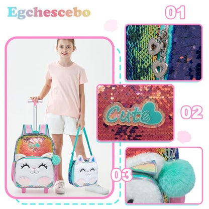 Kids Rolling Cats Backpack for Girls Plush Trolley Suitcases Luggage Travel with Wheels Bookbag Wheeled 17" Roller Backpacks Set Toddler Back Pack School Bags for Elementary Champagne - color: 5315-maomi-champagne