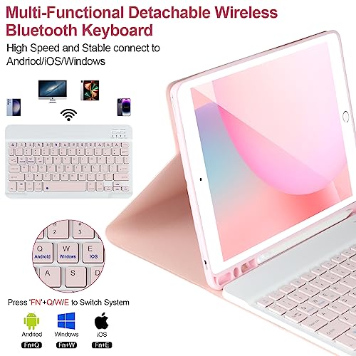 AHYWTAN Keyboard Case for iPad 9/8/7th Gen 10.2’’,Case with Keyboard ipad 10.2 inch,Detachable Bluetooth Keyboard with Pencil Holder,Pink - color: Pink