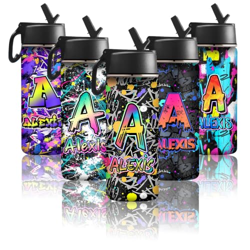 Personalized Water Bottles for Kids for School With Name Doodle Letter Custom Insulated Stainless Steel Sports Water Bottle with Straw and Handle for Girls and Boys Straw Lid Back to School Gift - color: New Color 27