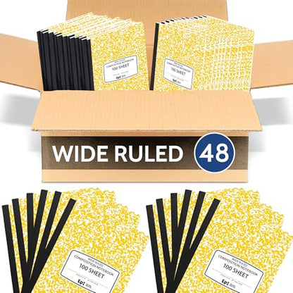 48 Pack - EPI Wide Ruled Marble Composition Notebook - Yellow 200 Page Note Book - 9.75 x 7.5 Inch Hardcover Journal with Sewn Binding for Secure Pages - Classroom Back to School Supplies - color: Yellow, size: 48