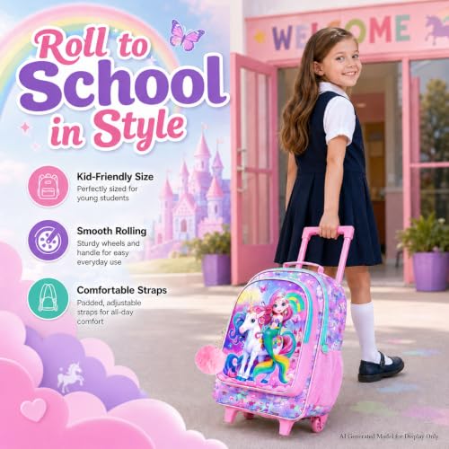 gxtvo Girls Rolling Backpack, Cute Mermaid Roller Wheels Kids Bookbag - Wheeled Elementary School Bag - 3PCS Mermaid - color: Uv Printing Mermaid Unicorn Pink Rolling Backpack