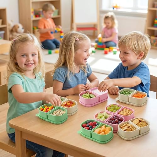 6 Pack Reusable Silicone Snack Containers with Lids, 2 Compartment Bento Snack Boxes, Leakproof Portion Control Food Containers for Fruits, Nuts, School, Office & Travel, Dishwasher Safe - color: 2-Compartment (6-Pack)