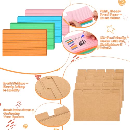 Kathfly 3 x 5 Inch Index Card Holder Set, 230 Pcs Heavy Note Index Cards Large Capacity Wooden Recipe Box Organizer Case with Dividers Flash Card Holder for Office, Home and School - color: Macron Color System