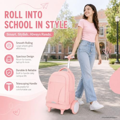 AGSDON Quiet Glide Rolling Backpack with Lunch Box Set - Large Wheel Water-Resistant Wheeled Bag for Business, Travel, and College | Blush Pink 3-in-1 Organizer Backpack - color: Reflective Pink - Rolling Backpack