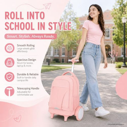 AGSDON Quiet Glide Rolling Backpack with Lunch Box Set - Large Wheel Water-Resistant Wheeled Bag for Business, Travel, and College | Blush Pink 3-in-1 Organizer Backpack - color: Reflective Pink - Rolling Backpack