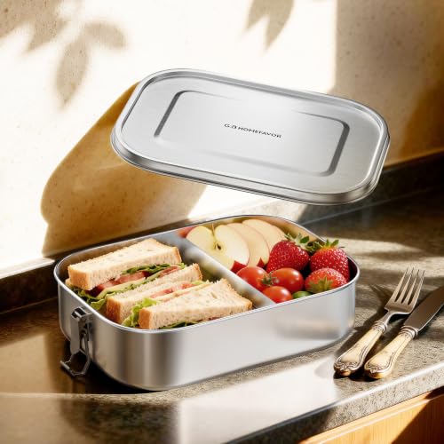 G.a HOMEFAVOR Stainless Steel Bento Lunch Box, 2-Compartment, 1600 ml/54 oz | Leak-Proof, Dishwasher Safe, BPA-Free, with Lock Clips & Removable Divider, Large Capacity, Meal Prep, for Adults - size: 1600 ml - with Compartments