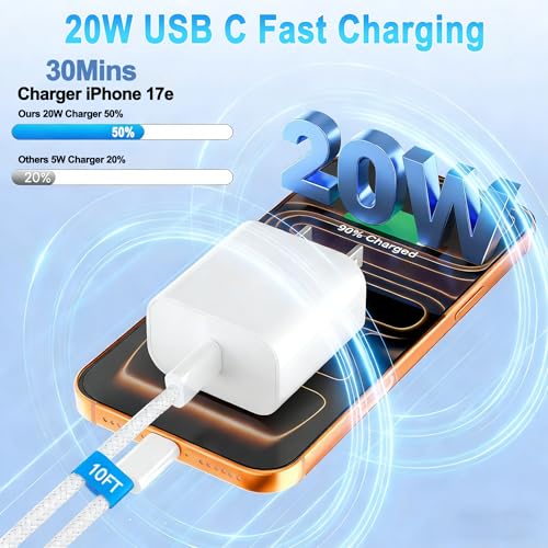 USB C Charger for iPhone Charger Fast Charging,[Apple MFi Certified] Type C Fast Wall Chargers Block Adapter 10FT USB C to C Woven Cable for iPhone 17ProMax/17 Pro/17e/Air/17/16 ProMax/16Pro/15,iPad