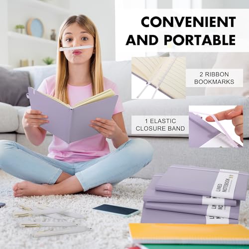 Aodaer 12 Set Lined Notebook Journals with Pens A5 Notebooks 100 GSM College Ruled Hardcover Notebook PU Leather Notepad with Pen Holder for Office School, 5.7 x 8.3 Inches, Lavender - color: Lavender