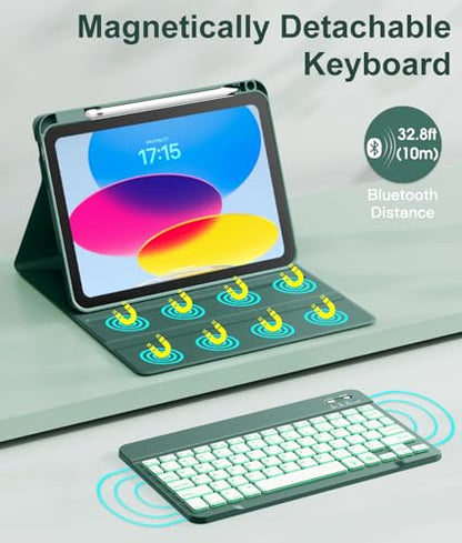 Hamile Keyboard Case for iPad 11th 10th Generation - 7 Colors Backlit Wireless Detachable Folio Keyboard Cover with Pencil Holder for iPad 11-inch A16 2025 10th Gen 10.9 Inch 2022 (Midnight Green) - color: Midnight Green