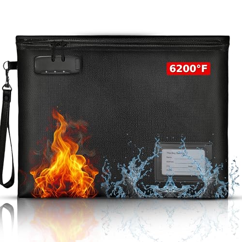 Premium Fireproof Document Bag With Lock Money Safe Bags Waterproof Zipper Fire Resistant Lockable Pouch Water Proof Father's Day Small Portable Firesafe Organizer For Cash Phone Tablet USB Jewelry