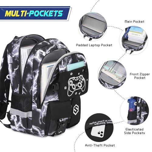 Scothen Boys Backpack, Cool Luminous School Backpack with Lunch Bag Pencil Case, Kids Backpack Kindergarten Elementary Middle School Book Bags for Teen Boys Children with USB Charging Port - color: Black Lightning