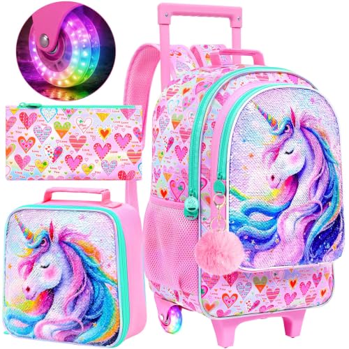 WZLVO 3PCS Rolling School Backpack, 18" Sparkling Unicorn Print Kids Backpack with Light-Up Wheels, Includes Matching Lunch Bag & Pencil Bag - Napping Unicorn (Pink) - color: 3PCS Girls Rolling Backpack - Napping Unicorn