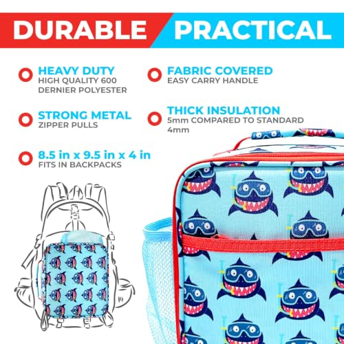kinsho Bento Lunch Box Insulated Bag, Water Bottle & Ice Pack Set for Kids Toddlers, 4 Portion Sections, Removable Tray, Pre School Kid Toddler Daycare Lunches, Snack Container, Cute Blue Shark - color: Shark Set