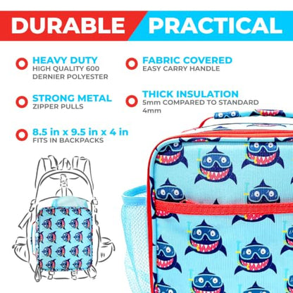 kinsho Bento Lunch Box Insulated Bag, Water Bottle & Ice Pack Set for Kids Toddlers, 4 Portion Sections, Removable Tray, Pre School Kid Toddler Daycare Lunches, Snack Container, Cute Blue Shark - color: Shark Set