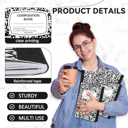 Gersoniel 4 Pack Left Handed Composition Notebooks, Black Marble College Ruled Writing Notebooks 8.3" x 5.8", School Notebook for Home Study & Classroom Use, Smooth Ink Paper for Left Hand Writers - color: Black
