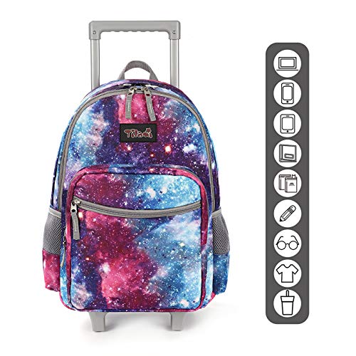 Tilami Rolling Backpack 18 inch Double Handle Wheeled Laptop Boys Girls Travel School Children Luggage Toddler Trip, Galaxy - color: Galaxy Black